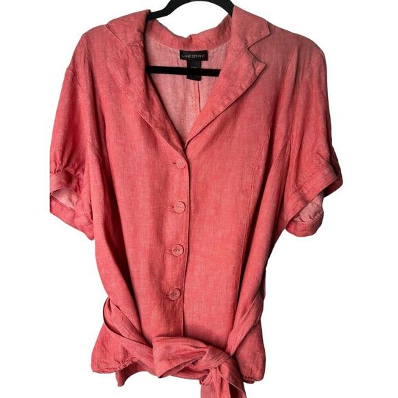 Lane Bryant Top Size 18/20 Peach Linen Blend Short Sleeve Button Up Tie Belt - Picture 1 of 12